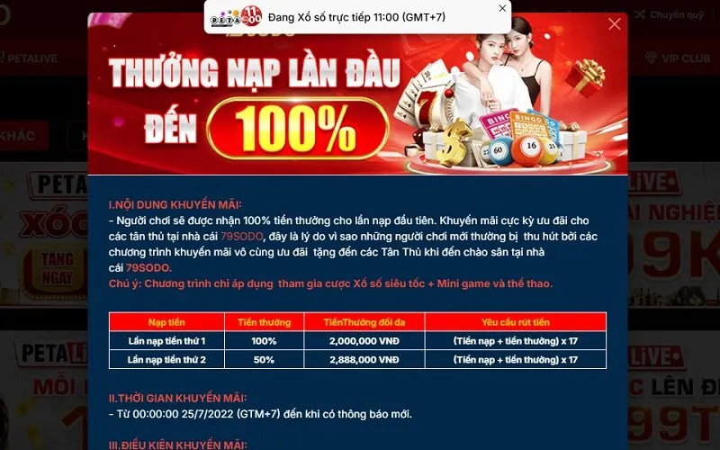 Khuyến mãi 79sodo thưởng nạp đầu lên đến 100%